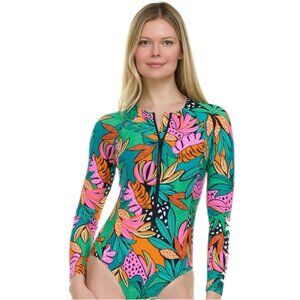 Hurley Long Sleeve Rash Guard One Piece Swimsuit Tropical Zip Up Surfing XL